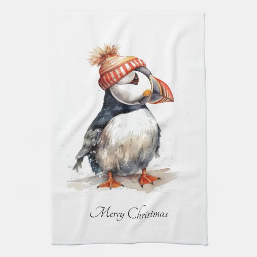 Benutzerdefinierte Küsten-Weihnachts-Puffin-Winter Geschirrtuch (Vertikal)