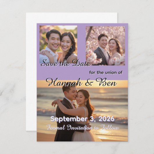 Benutzerdefinierte Lila Hochzeit speichern Sie das Save The Date (Vorne/Hinten)