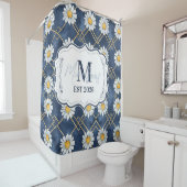 Benutzerdefinierte Marine-Daisy-Gingham-Monogramm- Duschvorhang (Beispiel)