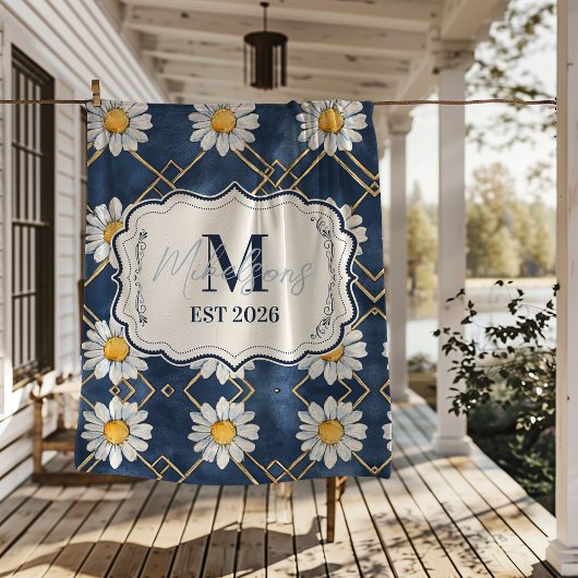 Benutzerdefinierte Marine-Daisy-Gingham-Monogramm- Fleecedecke