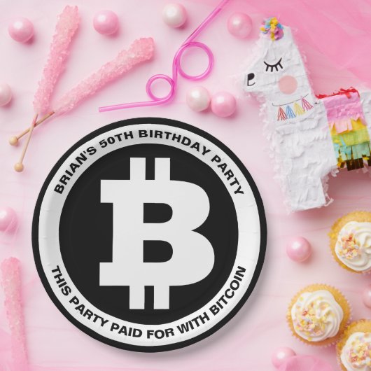 Benutzerdefinierte Meldung für Schwarzweiß-Bitcoin Pappteller (Party)