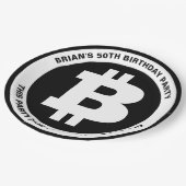 Benutzerdefinierte Meldung für Schwarzweiß-Bitcoin Pappteller (Schrägansicht)