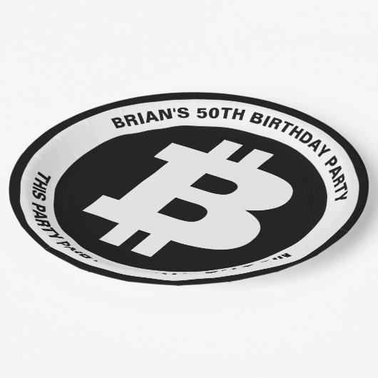 Benutzerdefinierte Meldung für Schwarzweiß-Bitcoin Pappteller (Schrägansicht)