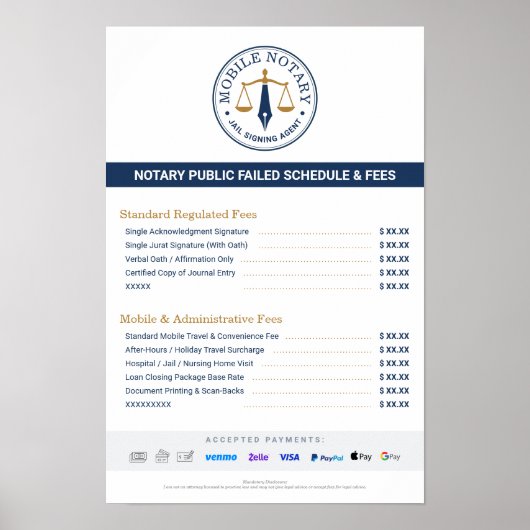 Benutzerdefinierte mobile Notar-Gebührentabelle Pr Poster (Vorne)