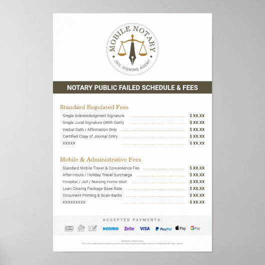 Benutzerdefinierte mobile Notar-Gebührentabelle Pr Poster (Vorne)