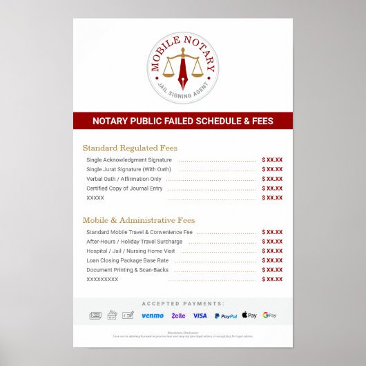 Benutzerdefinierte mobile Notar-Gebührentabelle Pr Poster (Vorne)