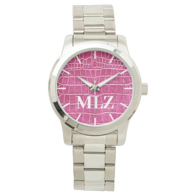 Benutzerdefinierte Monogramm-Hot-Pink-Imitate Krok Armbanduhr (Vorderseite)
