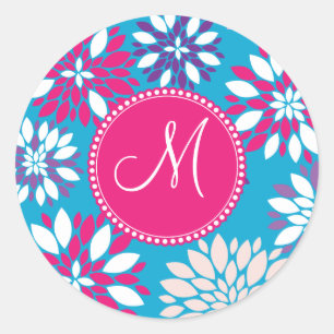 Benutzerdefinierte Monogramm Lila rosa weiße Blume Runder Aufkleber