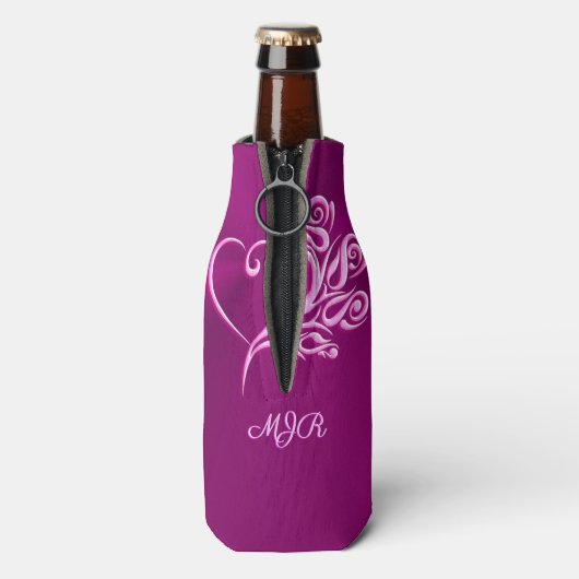 Benutzerdefinierte Monogramm, Mauve Stilvoll Herz Flaschenkühler (Flasche Rückseite)