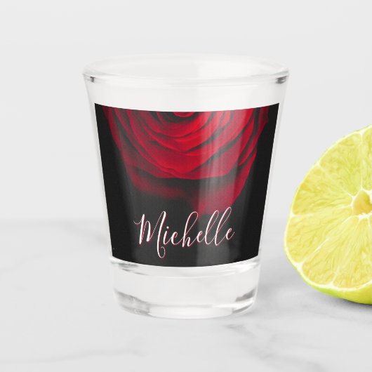 Benutzerdefinierte Monogramm-rote Rose Vintages Fo Schnapsglas (Vorderseite)