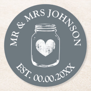 Benutzerdefinierte Mr und Mrs Mason Jar Hochzeitsf Runder Pappuntersetzer