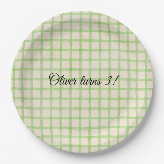 Benutzerdefinierte Nachricht grünes Gingham-Muster Pappteller (Vorderseite)