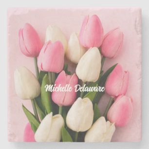 Benutzerdefinierte Namens-Tulpen auf Rosa Steinuntersetzer