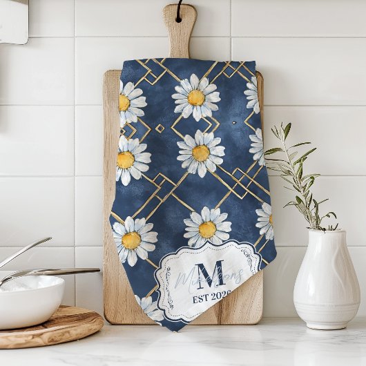 Benutzerdefinierte Navy-Daisy-Gingham-Monogramm-De Geschirrtuch