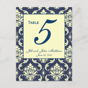 Benutzerdefinierte Navy-Damask-Hochzeitstisch Numm Postkarte