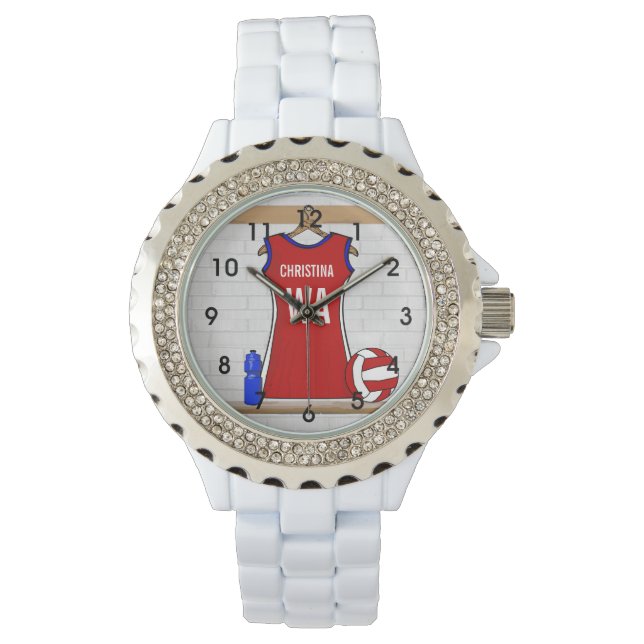Benutzerdefinierte Netball-Uniform Rot mit Blau un Armbanduhr (Vorderseite)
