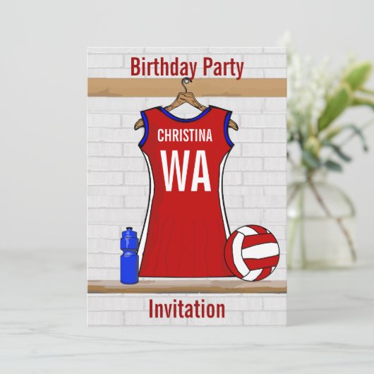 Benutzerdefinierte Netball-Uniform Rot mit Blau un Einladung (Stehend Vorderseite)
