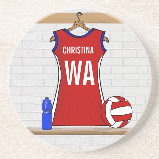 Benutzerdefinierte Netball-Uniform Rot mit Blau un Getränkeuntersetzer (Vorne)