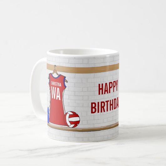 Benutzerdefinierte Netball-Uniform Rot mit Blau un Kaffeetasse (Vorderseite Links)