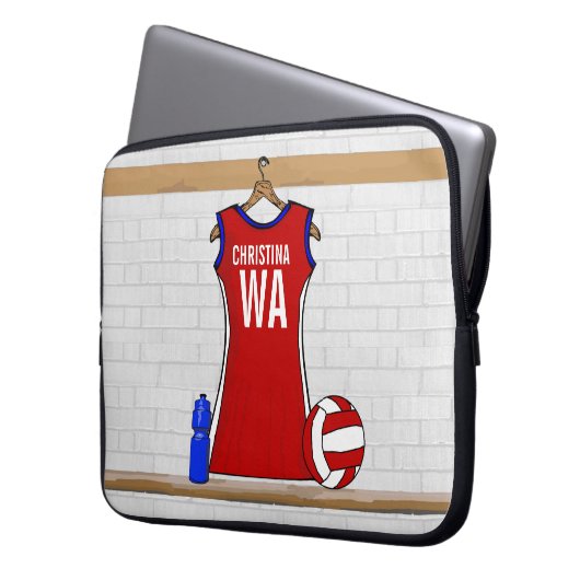 Benutzerdefinierte Netball-Uniform Rot mit Blau un Laptopschutzhülle (Vorderseite Links)