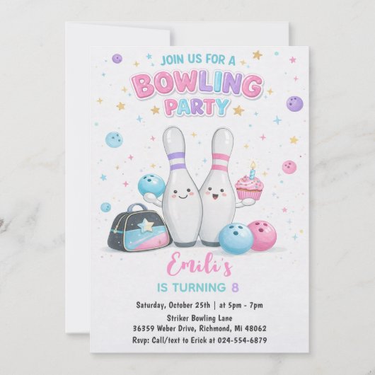 Benutzerdefinierte Pink Bowling Geburtstagsfeier Einladung (Vorderseite)