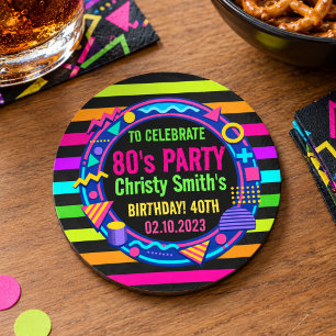 Benutzerdefinierte Retro-Neon-80er-Geburtstagsfeie Runder Pappuntersetzer