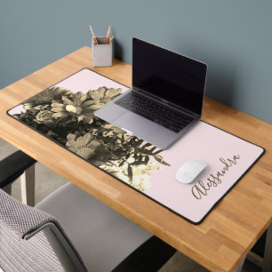 Benutzerdefinierte Retro-Pastell-Pink-Gold-Blumen- Schreibtischunterlage