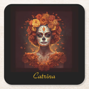Benutzerdefinierte Ringelblume Catrina Día de los Rechteckiger Pappuntersetzer