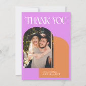 Benutzerdefinierte rosa Orange Retro Foto Verlobun Dankeskarte (Vorderseite)