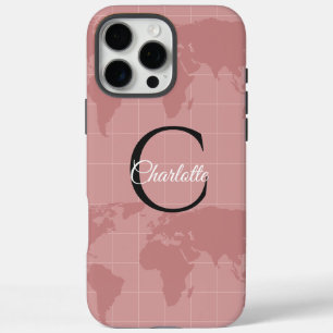 Benutzerdefinierte rosa Weltkarte Monogramm Name L iPhone 16 Pro Max Hülle