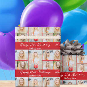 Benutzerdefinierte rote Happy Birthday Fotocollage Geschenkpapier