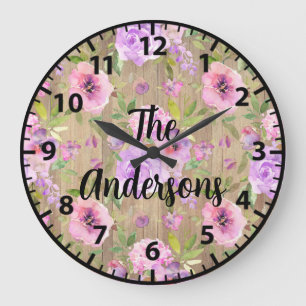 Benutzerdefinierte rustikale Holzblumen rosa und v Große Wanduhr