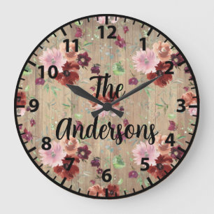 Benutzerdefinierte rustikale Holzblumen rosa und v Große Wanduhr
