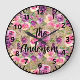 Benutzerdefinierte rustikale Holzblumen rosa und v Große Wanduhr