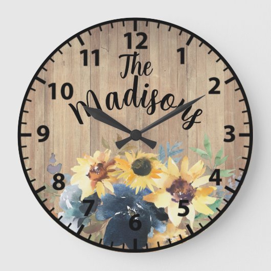 Benutzerdefinierte Rustikale Holzblumen Sonnenblum Große Wanduhr (Vorderseite)