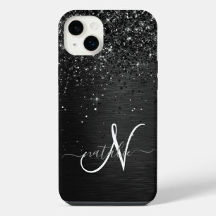 Benutzerdefinierte schwarze Glitter-Sparkle-Monogr iPhone 14 Plus Hülle