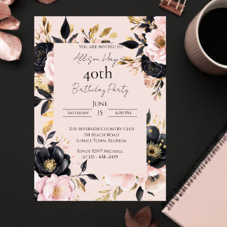 Benutzerdefinierte schwarze und roséfarbene floral einladung