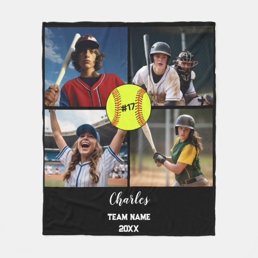 Benutzerdefinierte Softball-FotoCollage mit Name & Fleecedecke (Vorderseite)
