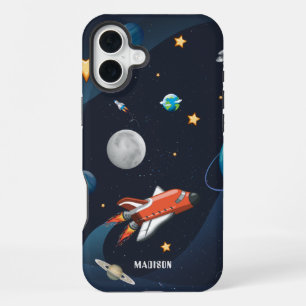 Benutzerdefinierte Sterne und Mond Rakete im Weltr iPhone 16 Plus Hülle