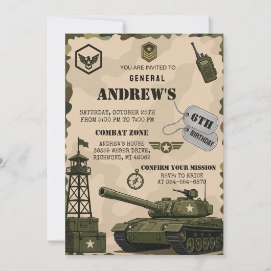 Benutzerdefinierte Tarnpanzer-Geburtstagsfeier Einladung (Vorderseite)