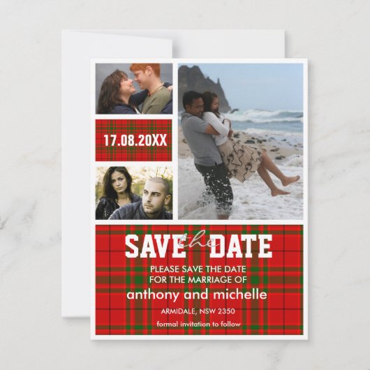 Benutzerdefinierte Tartan-Foto-Block Hochzeit spei Save The Date (Vorderseite)