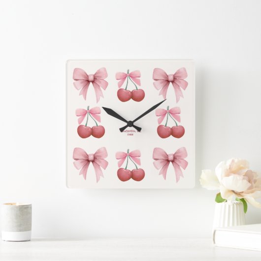 Benutzerdefinierte Text rosa Bows und Cherries Gir Quadratische Wanduhr (Zuhause)