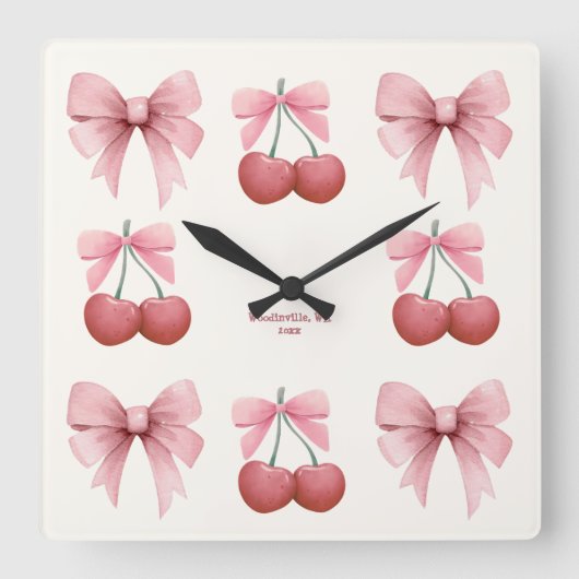 Benutzerdefinierte Text rosa Bows und Cherries Gir Quadratische Wanduhr (Vorderseite)