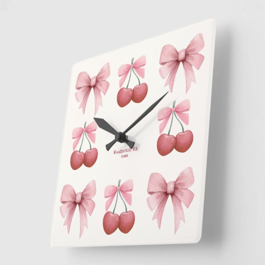 Benutzerdefinierte Text rosa Bows und Cherries Gir Quadratische Wanduhr (Winkel)