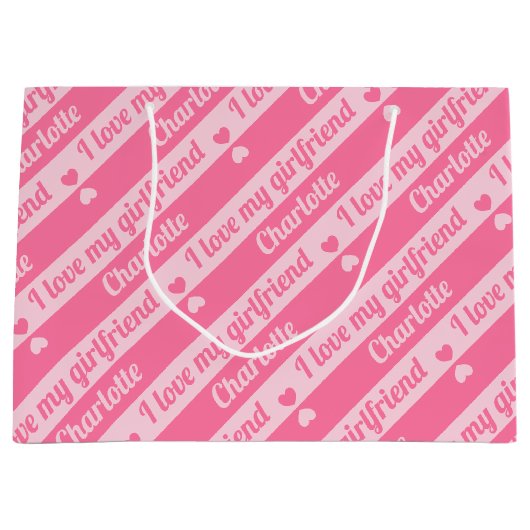 Benutzerdefinierte Textzeilen Streifen Pink Valent Große Geschenktüte (Vorderseite)