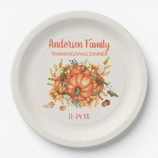Benutzerdefinierte Thanksgiving-Orangenkürbisse He Pappteller (Vorderseite)