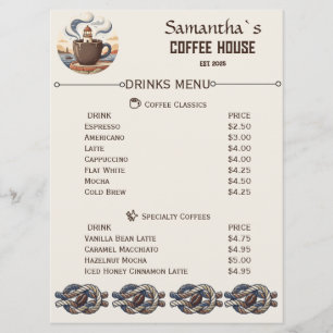 Benutzerdefinierte Vintage-Küsten-Café-Werbemittel Menükarte