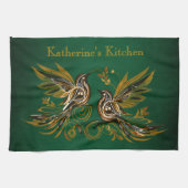 Benutzerdefinierte Vintage-Vögel Blumen Grün Geschirrtuch (Horizontal)