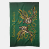 Benutzerdefinierte Vintage-Vögel Blumen Grün Geschirrtuch (Vertikal)