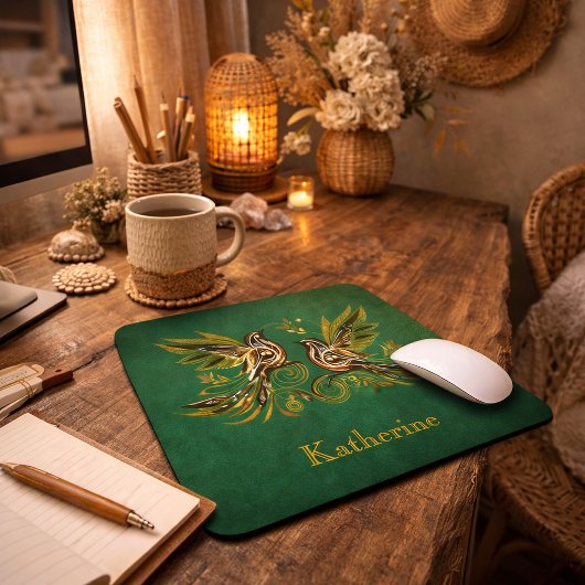 Benutzerdefinierte Vintage-Vögel Blumen Grün Mousepad